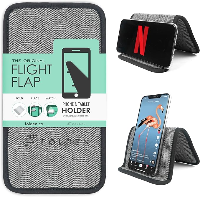 Flight Flap Airplane Phone Holder, Flexible Cell Phone Holder, Folding Cellphone Stand for Desk, Bed, Office, Treadmill - Airplane Gadgets for Long Travel Accessories - Plane Essentials (Tweed)