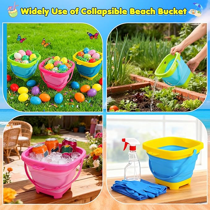 Xgunion Collapsible Beach Sand Bucket 3 Packs Foldable Buckets Set with Shovels & Mesh Bag Collapsible Beach Toys for Kids Summer (Yellow, Blue, Green, Pink, Medium)