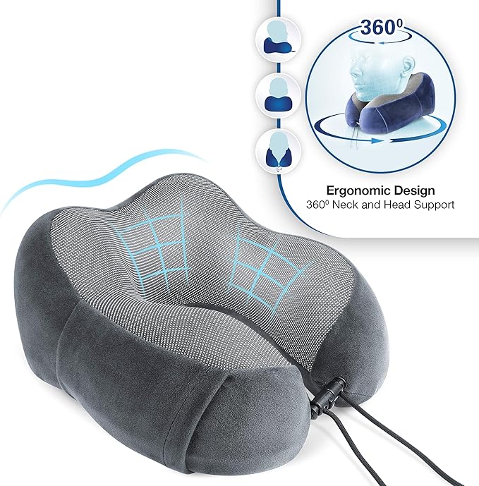 Cloudz Tech Memory Foam Travel Neck Pillow with Blackout Sleep Mask and Ear Plugs - Grey