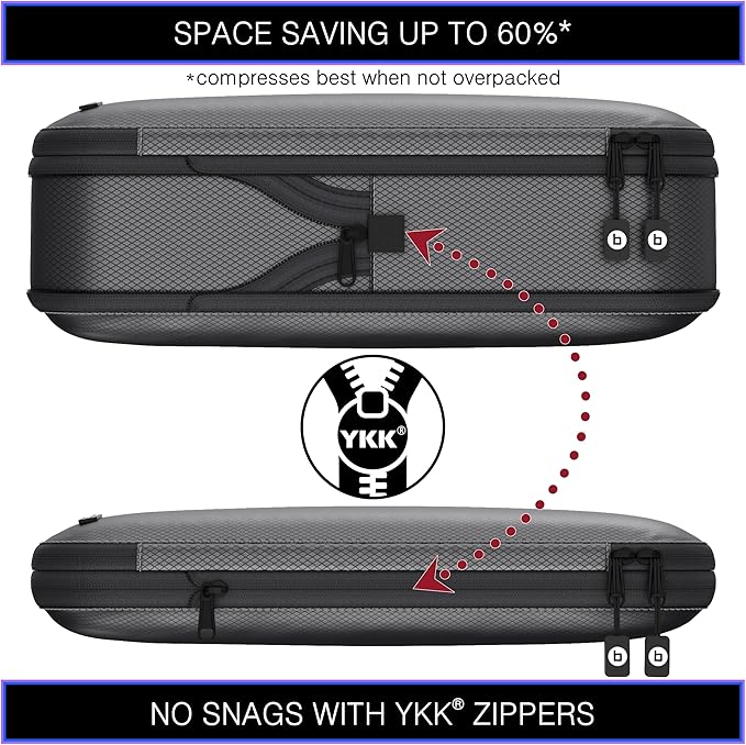 Premium Ultralight Compression Packing Cubes for Travel - Bag Factor Luggage Organizer Set (Grey - 5 Set)