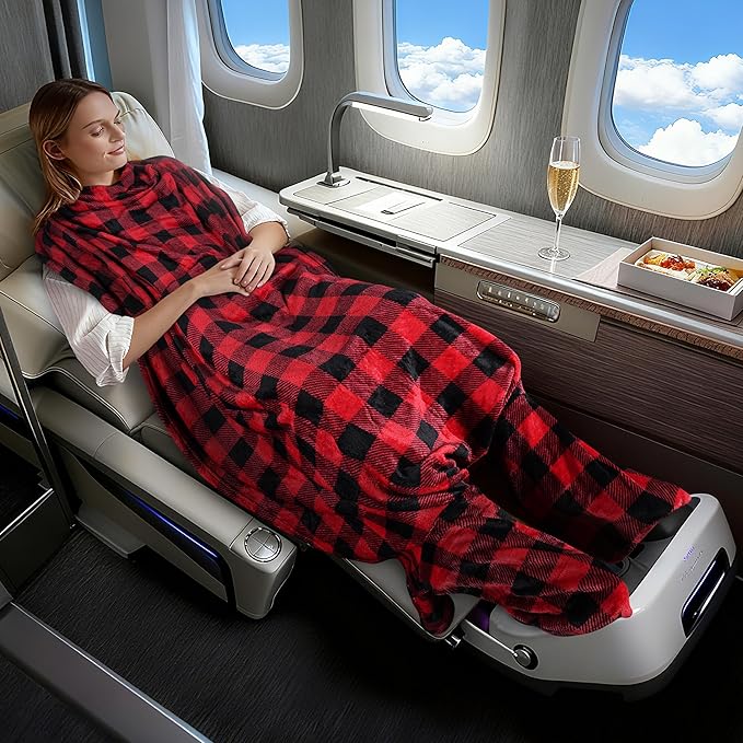 Tirrinia Travel Portable Blanket with Feet Pocket Airplane Office Poncho 4 in 1 Zippered Front Pocket Premium Cozy Fleece Blankets with Built-in Bag