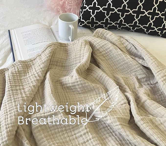 KyraHome 100% Organic Cotton Muslin Blankets for Adults, Large 60“x80 Plant Dyed Breathable Lightweight Gauze Soft Cotton Throw Blanket for Couch, Summer, All Season, Oatmeal Khaki