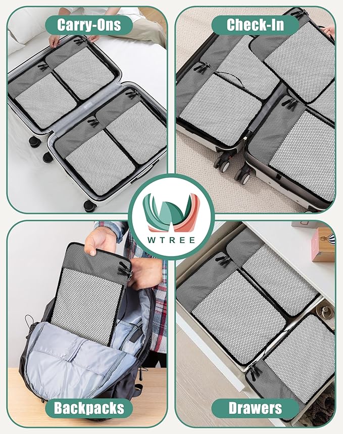WTREE 4-Piece Packing Cubes Travel Accessories Set for Suitcases - Luggage Organizer Bags with Double Zipper - Mesh Top - Medium - Dark Grey