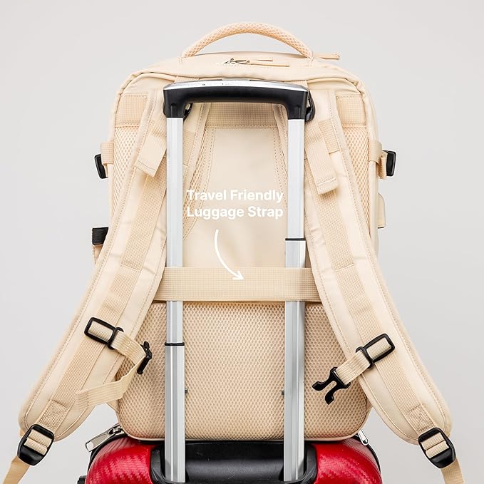 Carrywell (Not Made In China) Travel Backpack Airline Approved, Carry-On Underseat, Holds 15.6 or 16 Inch Laptop, Personal Item Bag with Shoe Compartment For Men Women, Beige 30l