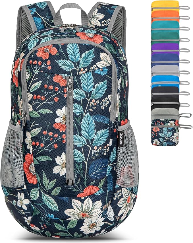 ZOMAKE Ultra Lightweight Packable Backpack 25L - Foldable Hiking Backpacks Water Resistant Small Folding Daypack for Travel(Navy blue,Floral pattern)