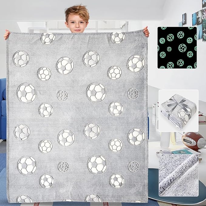Wajade Soccer Gifts for Boys Girls - Glow in The Dark Soccer Blanket Birthday for Kids Age 3 4 5 6 7 8 9 10 11 12 Years Old Teens Child Toddler Throw Light Grey 40"x50"