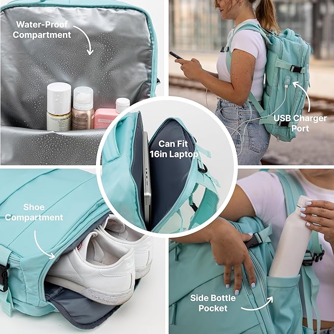 Carrywell (Not Made In China) Travel Backpack Airline Approved, Carry-On Underseat, Holds 15.6 or 16 Inch Laptop, Personal Item Bag with Shoe Compartment For Men Women, Mint 30l