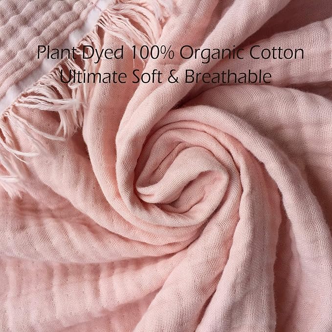 KyraHome 100% Organic Cotton Muslin Throw Blankets for Couch, Girls, Adults, 50"x60", Pre-Washed Plant Dyed, Breathable Lightweight Summer Throw Blanket, All Season (Soft Pink)