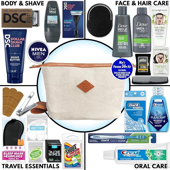 Convenience Kits International Men’s Super Premium 35 PC Travel Kit Featuring: Travel-Size Hair Care Products Plus Face, Body, Oral Care, Travel Essentials in Large Ivory Canvas Toiletry Bag
