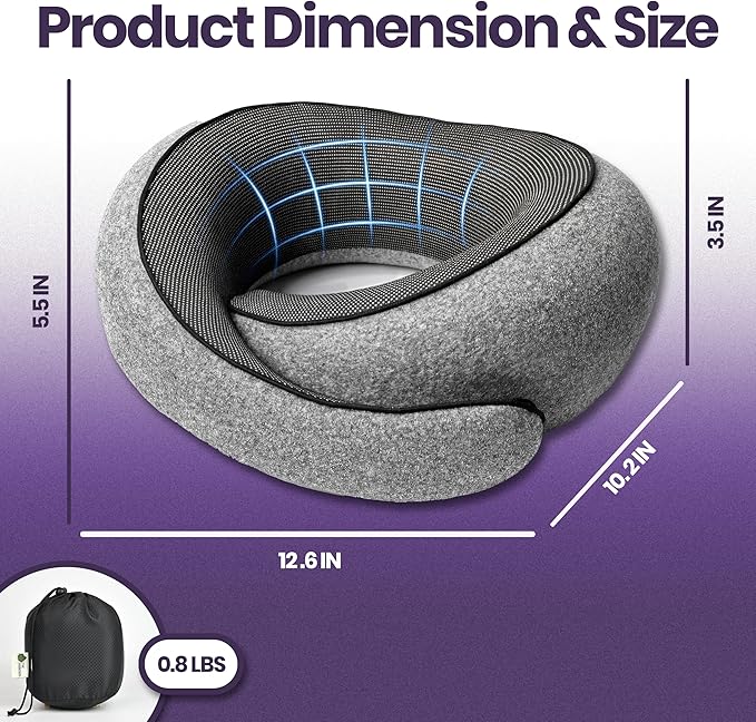 Travel Neck Pillow 100% Memory Foam, Ergonomic 360° Support Pillow for Flights, Car, Office & Train, Breathable Travel Essentials for Adults & Kids, Neck Pain Relief, (GREY)