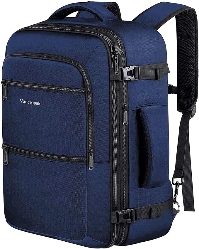 Vancropak Carry On Backpack, Expandable Large Travel Backpack for Men/Women, 40L Airplane Approved Luggage Bag Business Weekender Bag, Lightweight Water Resistant Daypack for Flight, Blue