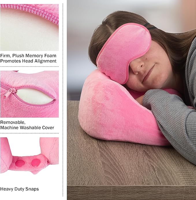 Home-Complete Travel Pillow Set - Memory Foam Pillow, Fleece Blanket, and Eye Mask - Travel Essentials for Airplanes, Trains, Cars, Buses (Pink)