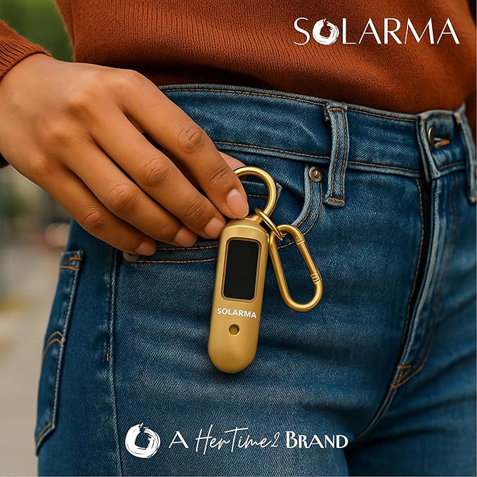Solarma by HerTime2 | Solar Powered Personal Alarm for Women | Extra Loud Dual Siren + LED | Solar + USB-C Rechargeable | Ideal Gift for College Travel Running Realtors | Self Defense Safety Alarm