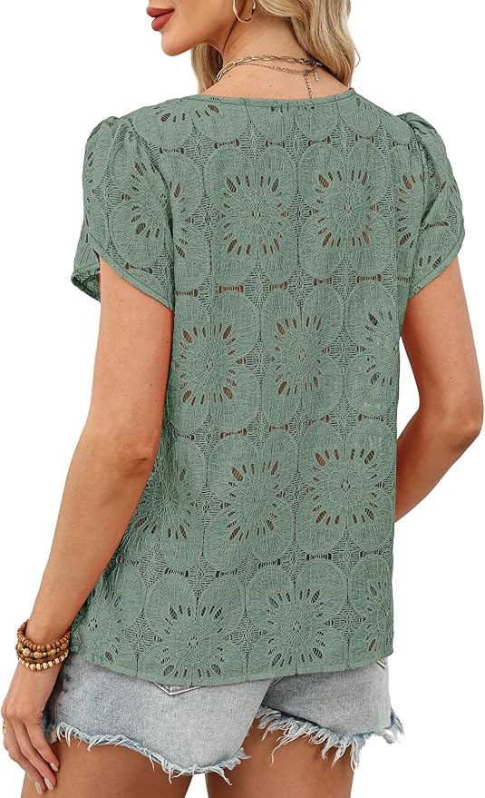 OFEEFAN Blouses for Women Dressy Casual Petal Short Sleeve Shirts Crochet Lace Boho Tops Spring Fashion Summer Outfits