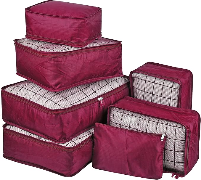 Vercord 7 Set Travel Packing Organizers Cubes Luggage Suitcase Organizer Bags Clothes Underwear Cube Shoe Pouch Pack Burgundy