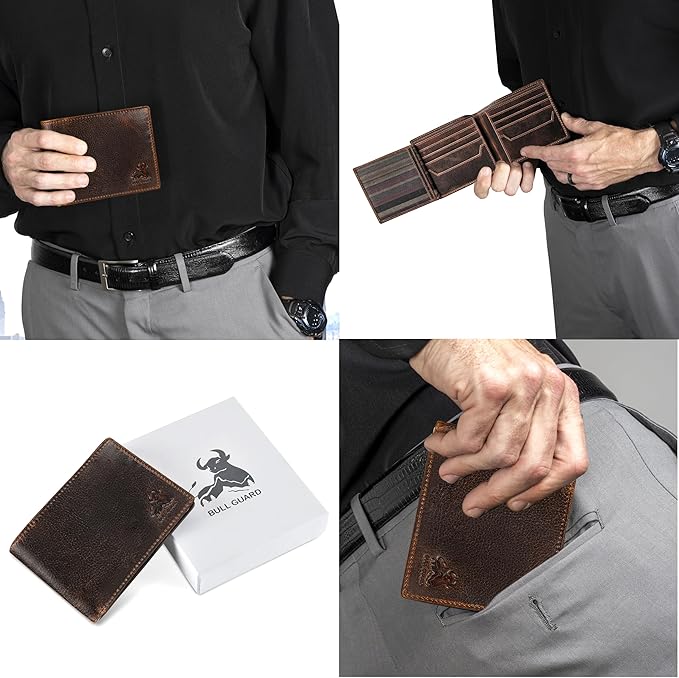 BULL GUARD RFID Blocking Bifold Wallets for Men with 2 ID Windows and 10 Credit Cards Slots Premium Security Full Grain Leather High Capacity Credit Card Wallet