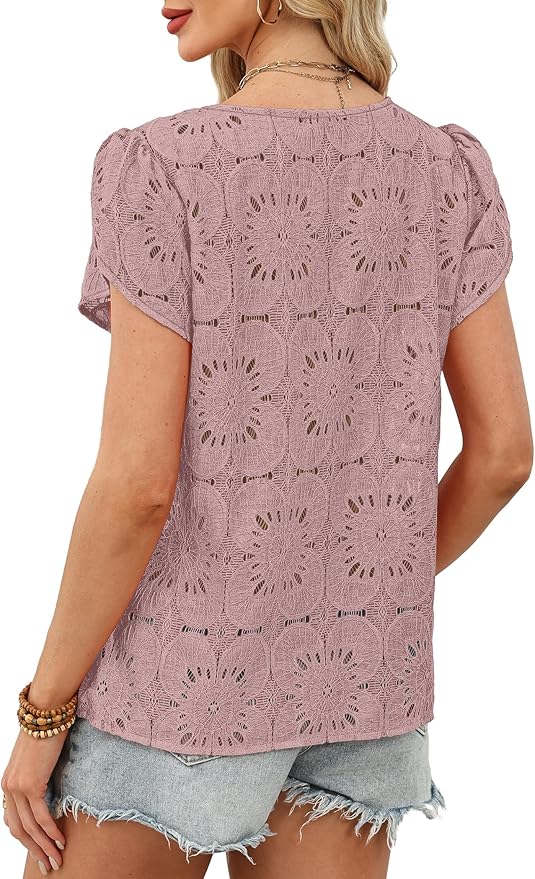 OFEEFAN Blouses for Women Dressy Casual Petal Short Sleeve Shirts Crochet Lace Boho Tops Spring Fashion Summer Outfits