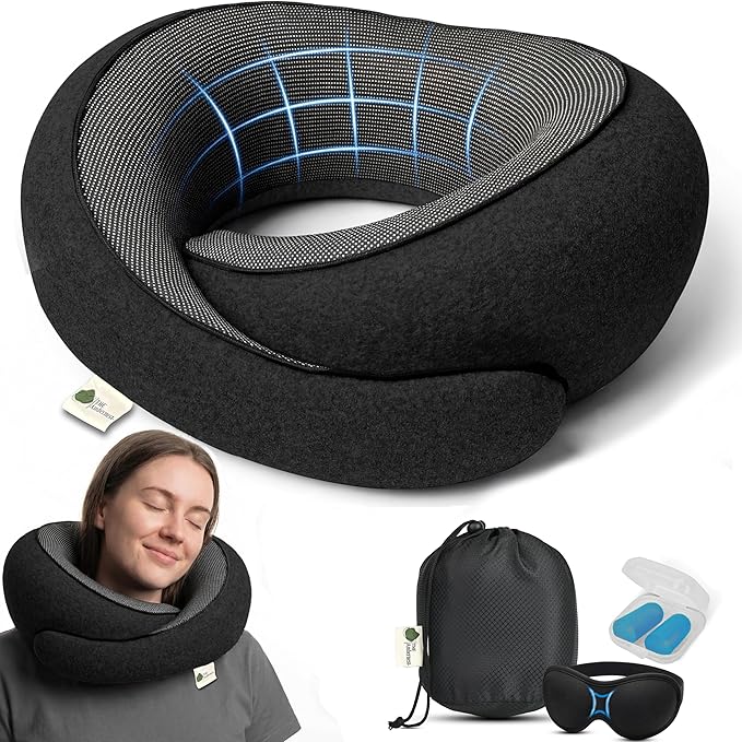 Travel Neck Pillow 100% Memory Foam, Ergonomic 360° Support Pillow for Flights, Car, Office & Train, Breathable Travel Essentials for Adults & Kids, Neck Pain Relief, (BLACK)