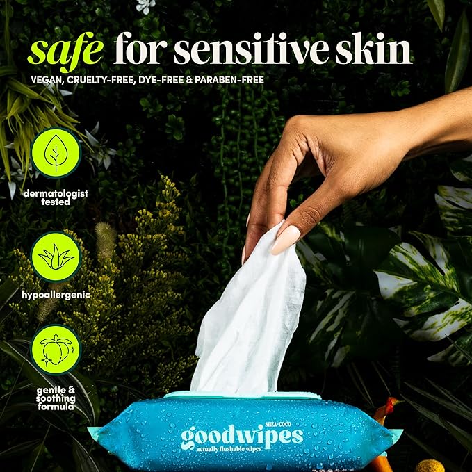 goodwipes Flushable Butt Wipes - Vitamin E & Aloe - Sewer & Septic Safe - Extra Large Adult Wet Wipes For Women & Men - Bathroom Essentials - Lavender, 153 Count (3 Packs + 3 Individually Wrapped)