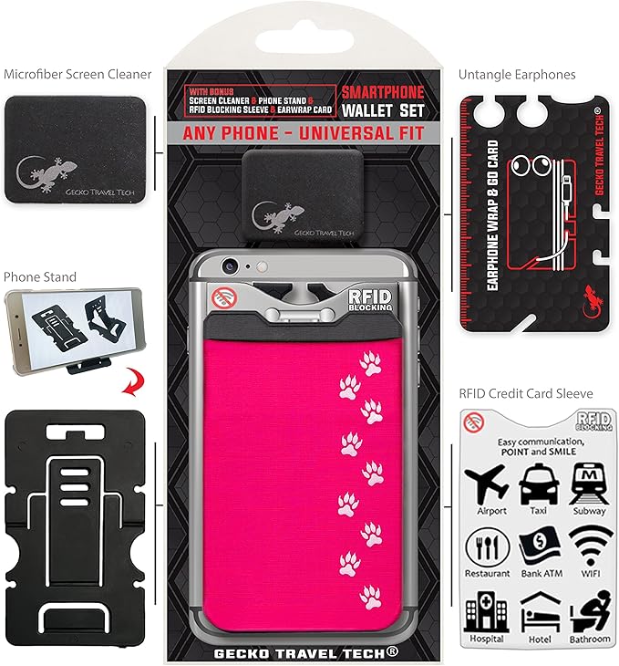Phone Wallet - Adhesive Card Holder - Cell Phone Pouch - Stick on Lycra Pocket by Gecko - Carry Credit Cards and Cash