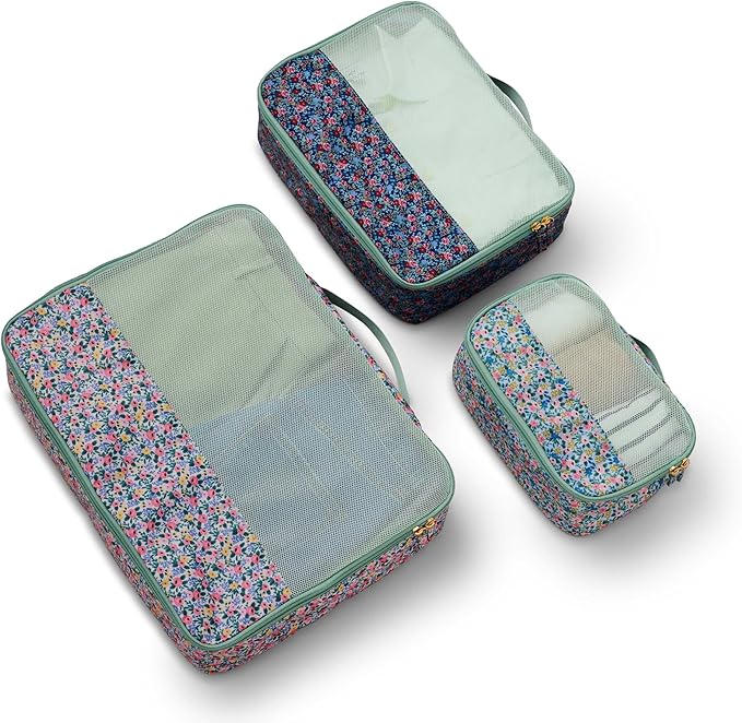RIFLE PAPER CO. Soft Sided Packing Cubes Set of 3. Includes Small, Medium, Large and a Laundry Bag, Travel Must Have Accessory, Stylized Pattern, Floral Rosa