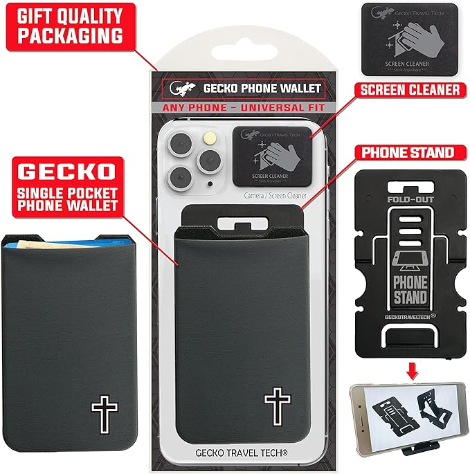 Phone Wallet - Adhesive Card Holder - Cell Phone Pouch - Stick on Lycra Pocket by Gecko - Carry Credit Cards and Cash