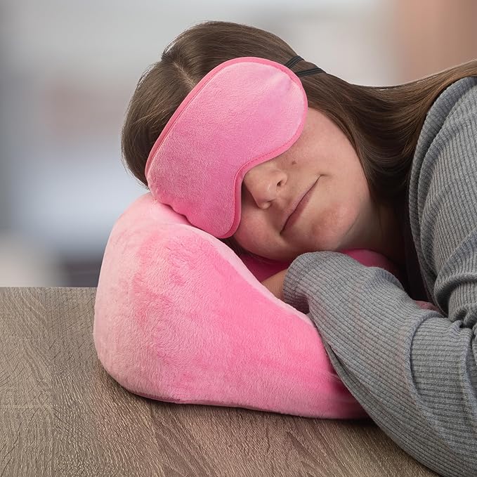 Home-Complete Travel Pillow Set - Memory Foam Pillow, Fleece Blanket, and Eye Mask - Travel Essentials for Airplanes, Trains, Cars, Buses (Pink)
