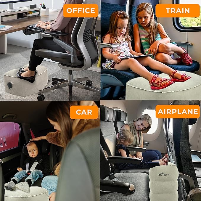 Inflatable Travel Foot Rest Pillow - Adjustable Leg Rest for Airplane, Car, Train, Home & Office, Comfortable Seat Extender for Kids - Grey
