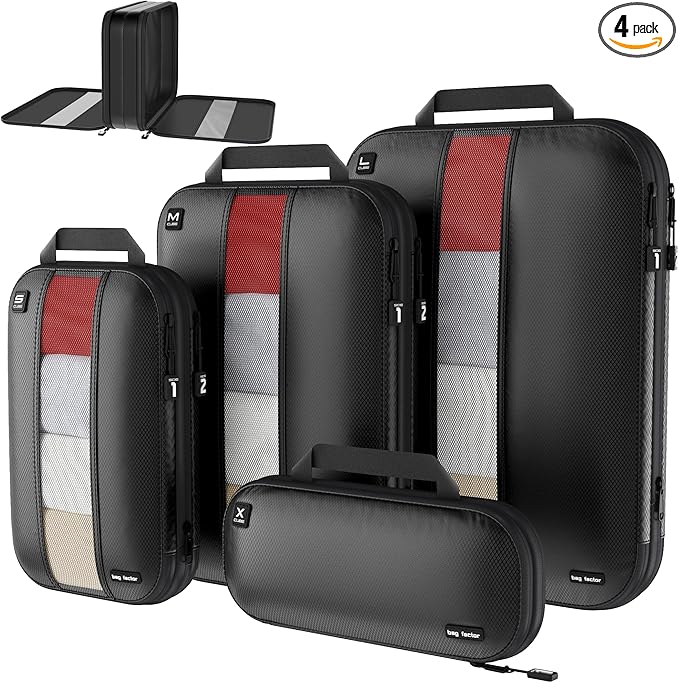 Premium Ultralight Compression Packing Cubes for Travel - Bag Factor Luggage Organizer Set (Double Sided Clean Dirty - Black - 4 Set)