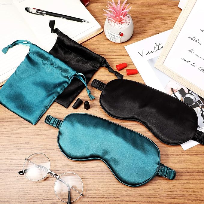 Silk Satin Sleeping Mask Eye Mask Set Include 2 Blindfold Eyeshade Elastic Strap Double Layer Silk Filling Eye Cover 2 Ear Plugs 2 Storage Bags for Women and Men Sleep Travel Nap (Black, Dark Green)