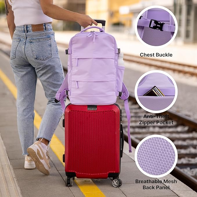 Carrywell (Not Made In China) Travel Backpack Airline Approved, Carry-On Underseat, Holds 15.6 or 16 Inch Laptop, Personal Item Bag with Shoe Compartment For Men Women, Lavender 30l
