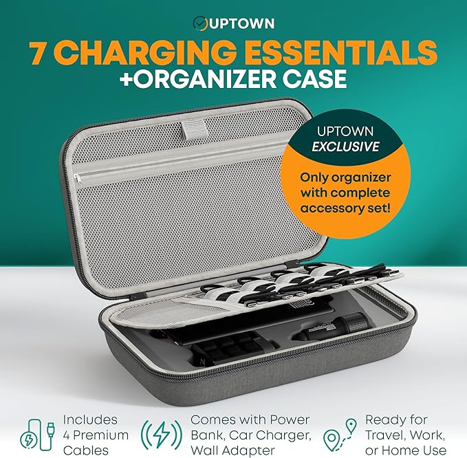 Uptown Deals Travel Charging Kit with Cable Organizer Case – 10,000mAh Portable Charger (Power Bank), 45W GaN Wall Adapter, 48W Car Phone Charger & 4 Cables – Travel Essentials for Devices