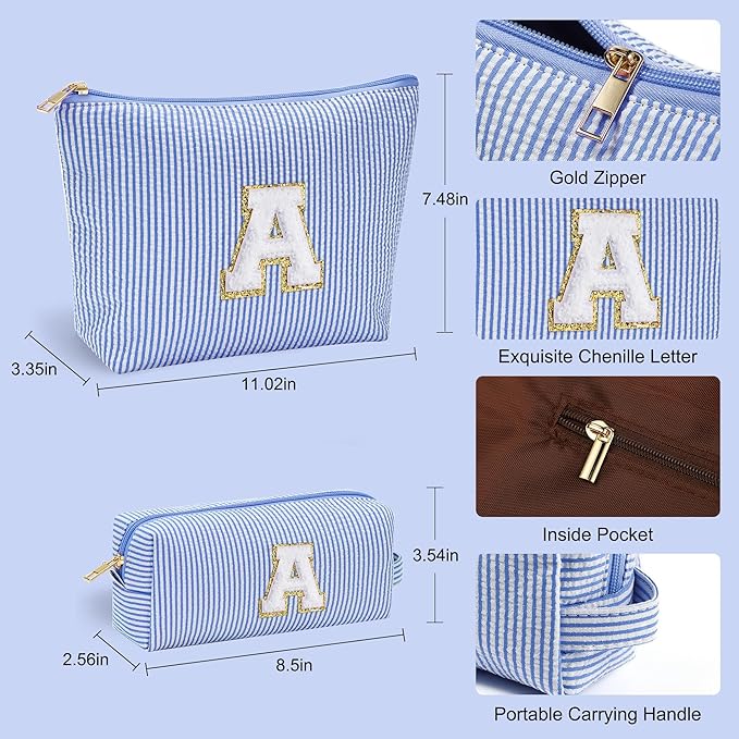 YOOLIFE Initial Makeup Bag for Girls Kids | Cosmetic Bag | Travel Toiletry Bag | Gift for Teacher Teen Girls Girlfriend Bridal Shower | Birthday Gift for Kids | 15 14 13 Year Old Girl Gifts Blue A