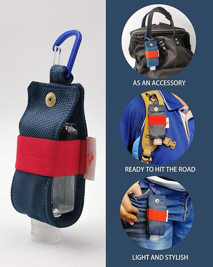 Travel Size Hand Sanitizer Holder,Bottle Case and Carabiner Carrier bag-Portable Mini Waist Bag for Liquids Clip On Belt Loop, Backpack and Purse - Includes Empty 60ml/ 2 oz Reusable Bottle (Blue)