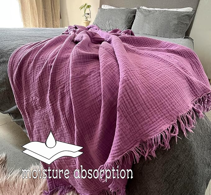 KyraHome 100% Organic Cotton 60"x80" Large Cotton Throw Blanket for Couch, Women, Plant Dyed, Breathable Lightweight Gauze Muslin Blanket for Adult, All Season (Purple Lavender)