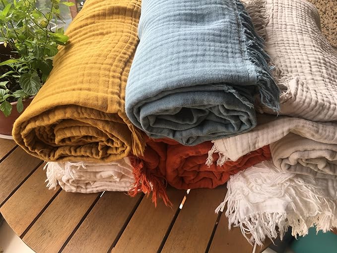 KyraHome 100% Organic Cotton Throw Blanket for Adult, Couch, 60"x80" Plant-Dyed Large Muslin Blankets, Picnic, Pre-Washed Breathable Gauze Summer Throw Blankets, All Season (Mustard Yellow)
