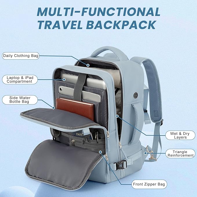 Sinaliy Travel Backpack, Carry on Flight Approved Backpack with Multi-Pockets, TSA Waterproof 17.3inch Laptop Backpack, Personal Item Travel Bag for Men Women, Light Blue