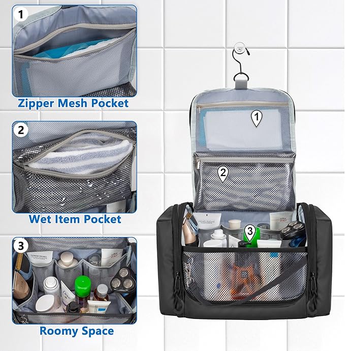 Hanging Toiletry Bag for Men, Tactical Dopp Kit Toiletry Travel Bag, Large Hygiene Organizer Shower Bag for Camping Outdoor, Black