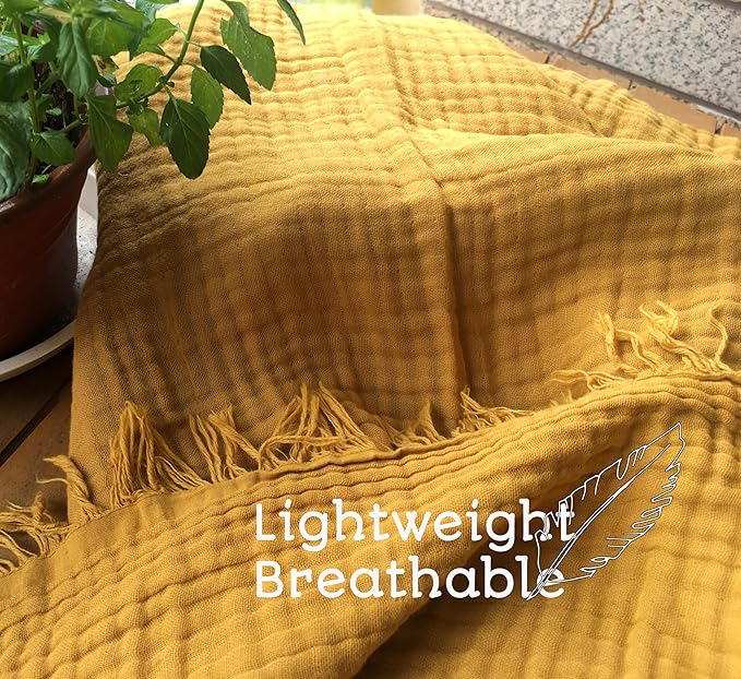 KyraHome 100% Cotton Muslin Throw Blankets for Couch, 50"x60" Pre-Washed Plant Dyed, Breathable, Lightweight Summer Throw Blankets for Adults, Picnic, All Season, Mustard Yellow