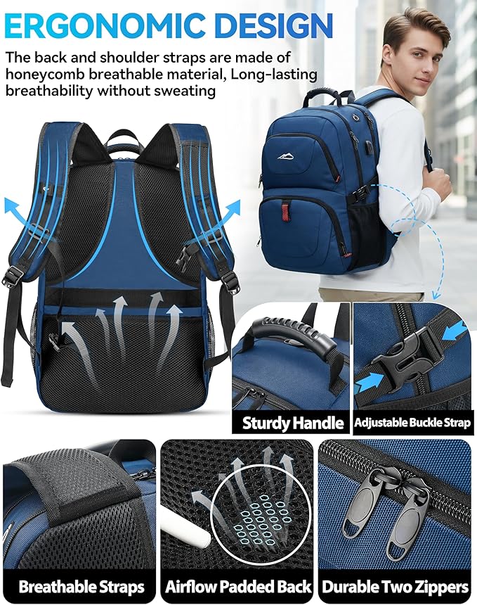 ProEtrade Travel Backpack, Extra Large Laptop Backpack School Business Anti Theft TSA Approved College Work Computer Bag Fits 17 Inch Laptop with USB Charging Port Bookbag for Women Men(Blue)