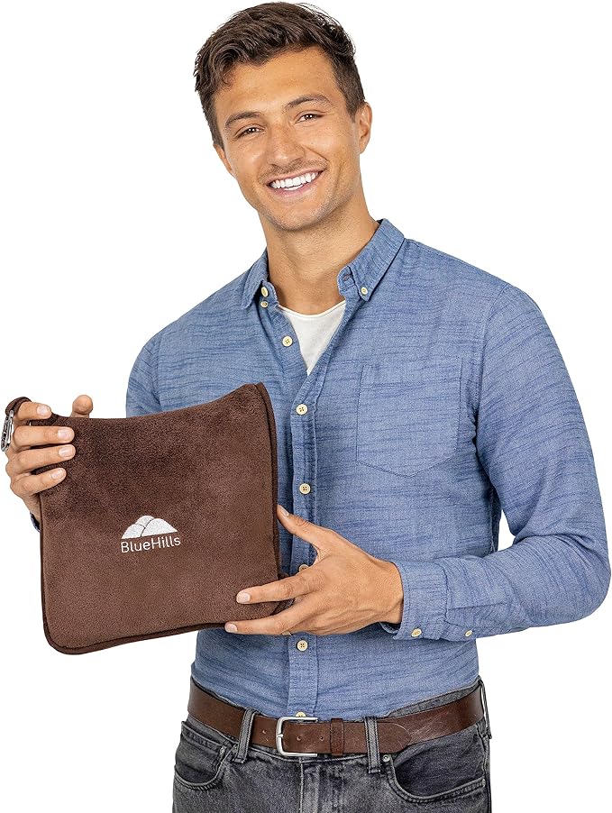 BlueHills Travel Blanket Pillows for Two Airplane Traveling Essentials Flight Throws in Bag case with Backpack Clip Compact Large Plane Accessories – Teal Green and Brown