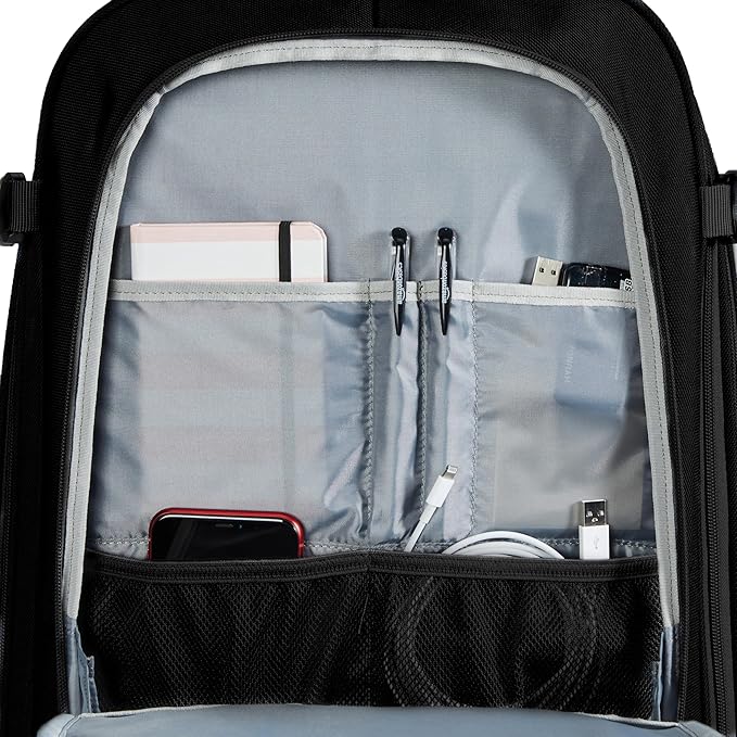 Amazon Basics Travel Backpack, Carry-On with Laptop Compartment, 40L Capacity, Expandable for 10% Extra Space, Convertible Backpack & Shoulder Bag, Multiple Pockets, 15.8"W x 21.5"H x 8.3"D, Black