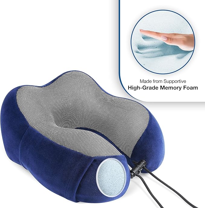 Cloudz Tech Memory Foam Travel Neck Pillow with Blackout Sleep Mask and Ear Plugs - Blue