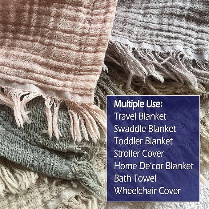 KyraHome 100% Cotton Throw Blanket for Couch, 60"x80" Large Muslin Blankets for Adults, Plant-Dyed, Breathable Cozy Lightweight Summer Blanket, Picnic, Travel, All Season, Dark Grey