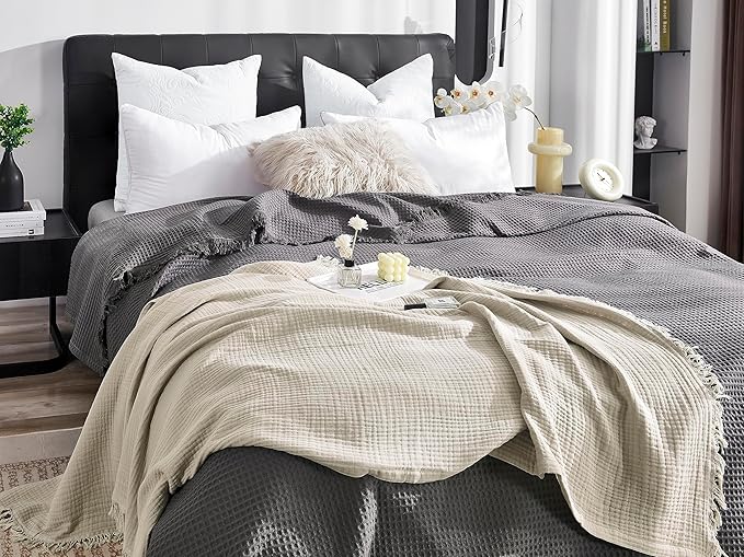 KyraHome Muslin Blankets for Adults, Couch 50"x60", 100% Organic Cotton Throw Blanket, Plant-Dyed, Breathable Lightweight Summer Throw Blanket, All Season (Oatmeal Khaki Tan)