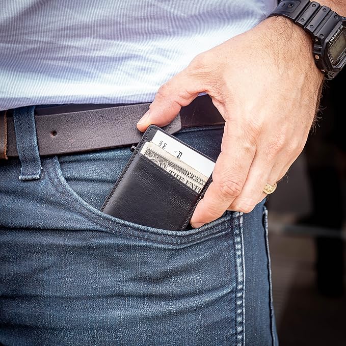 Faraday Wallet - RFID Blocking | Aluminum Credit Card Holder | Slim Minimalist Wallet | Locking Button Release | MagSafe Compatible | Money Clip | Genuine Leather (Faraday Companion Wallet)
