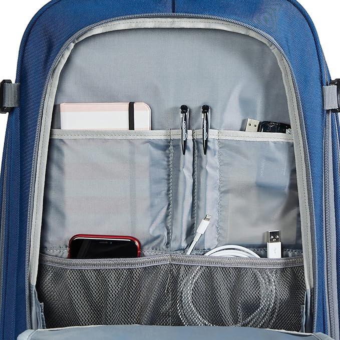 Amazon Basics Travel Backpack, Carry-On with Laptop Compartment, 40L Expandable Storage, Dual Use Backpack & Shoulder Bag with Multiple Compartments and Pockets, 15.8"W x 21.5"H x 8.3"D, Navy