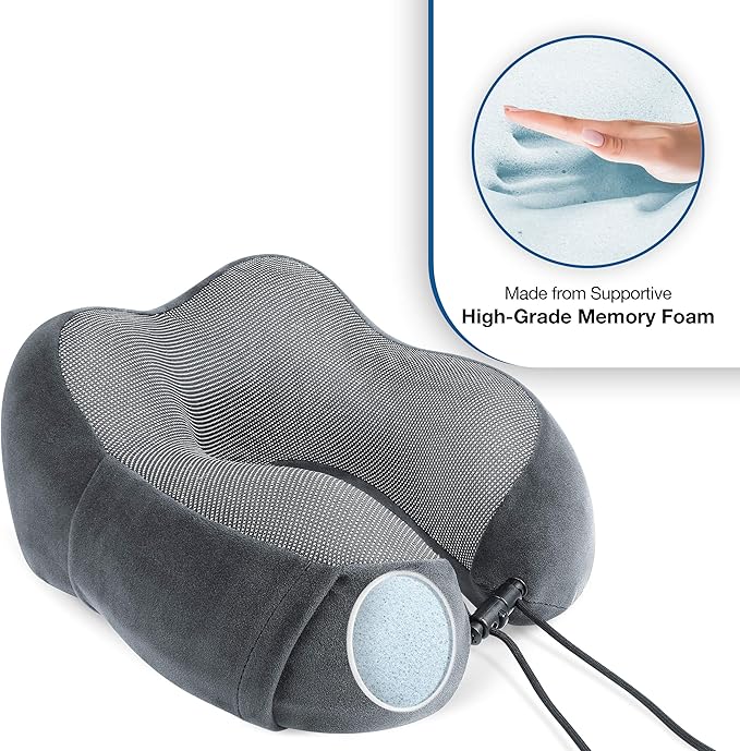 Cloudz Tech Memory Foam Travel Neck Pillow with Blackout Sleep Mask and Ear Plugs - Grey